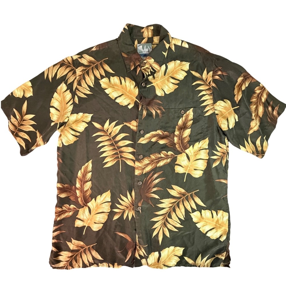 Silk Traders Mens 100% Silk Hawaiian Shirt Medium Green Gold Tropical Leaf Print